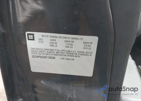 2008 Pontiac Grand Prix z USA, uszkodzony, nr VIN 2G2WP552081126246